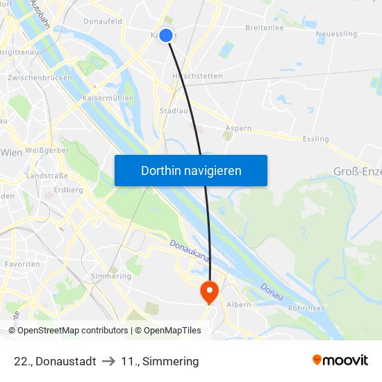 22., Donaustadt to 11., Simmering map