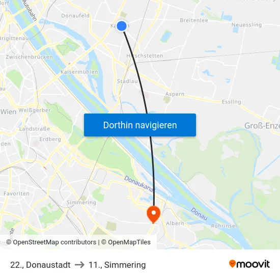 22., Donaustadt to 11., Simmering map