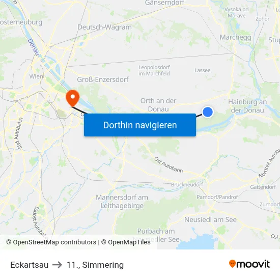 Eckartsau to 11., Simmering map
