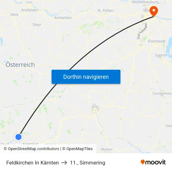 Feldkirchen In Kärnten to 11., Simmering map