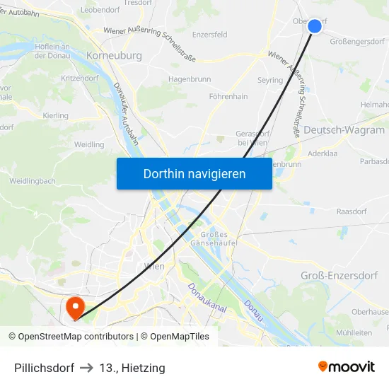 Pillichsdorf to 13., Hietzing map
