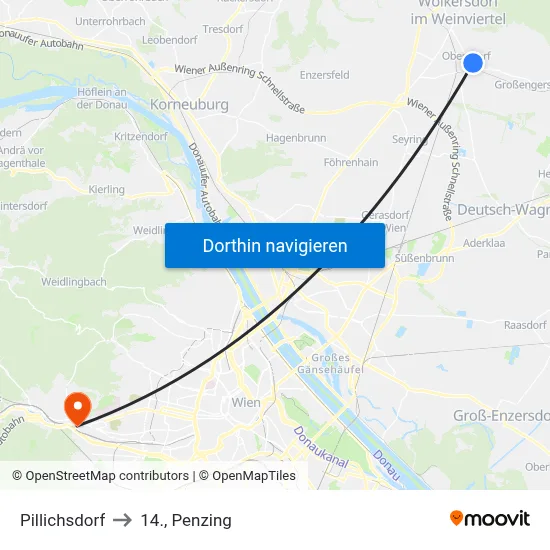 Pillichsdorf to 14., Penzing map