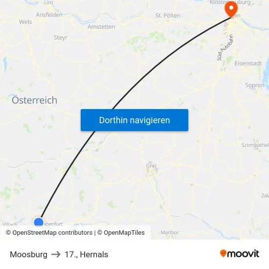 Moosburg to 17., Hernals map