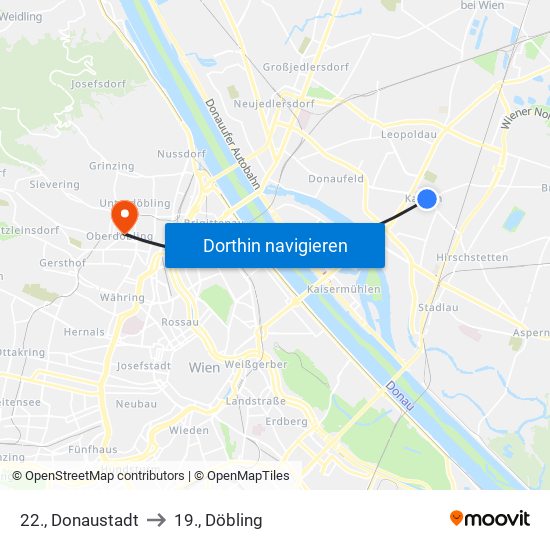 22., Donaustadt to 19., Döbling map