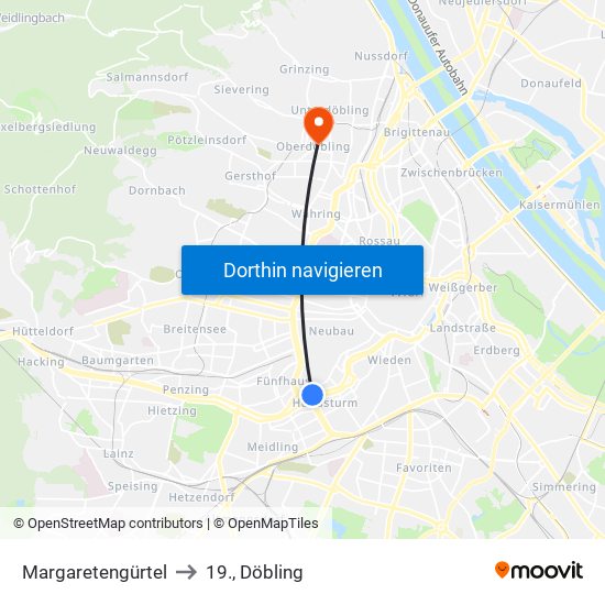 Margaretengürtel to 19., Döbling map
