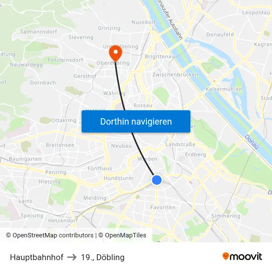 Hauptbahnhof to 19., Döbling map