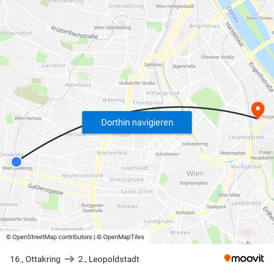 16., Ottakring to 2., Leopoldstadt map