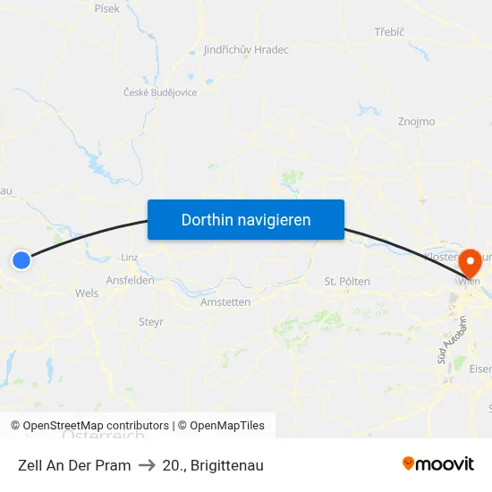 Zell An Der Pram to 20., Brigittenau map