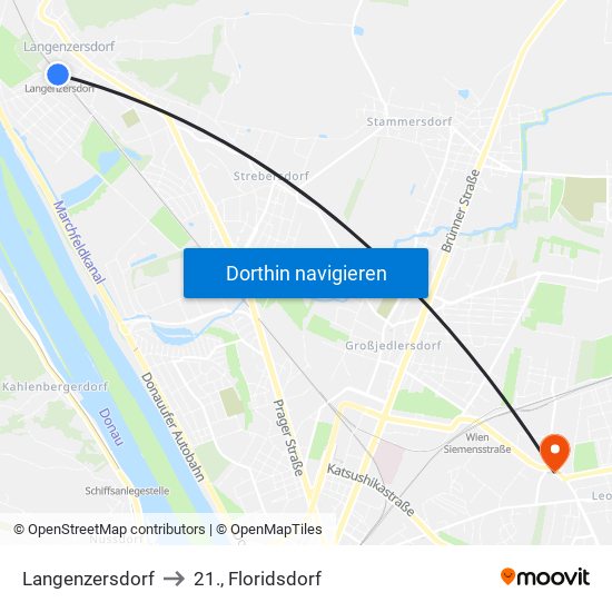 Langenzersdorf to 21., Floridsdorf map