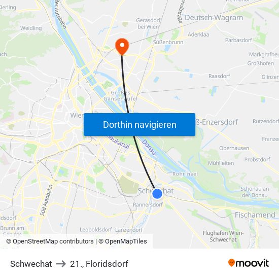 Schwechat to 21., Floridsdorf map