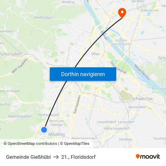 Gemeinde Gießhübl to 21., Floridsdorf map