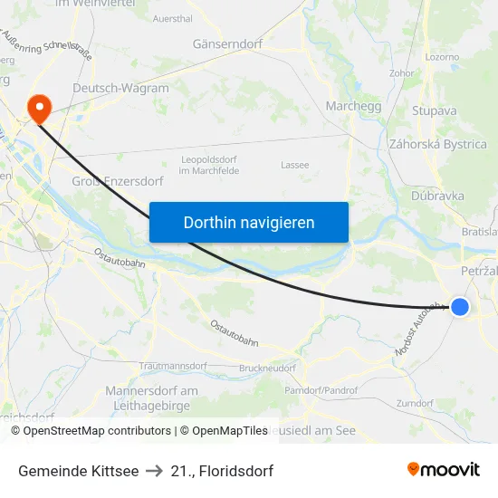Gemeinde Kittsee to 21., Floridsdorf map