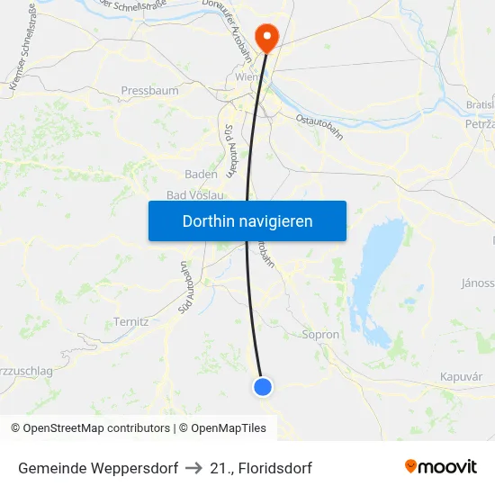 Gemeinde Weppersdorf to 21., Floridsdorf map