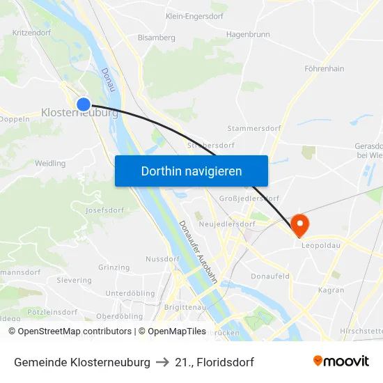 Gemeinde Klosterneuburg to 21., Floridsdorf map