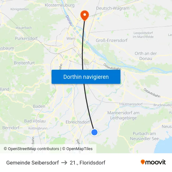 Gemeinde Seibersdorf to 21., Floridsdorf map