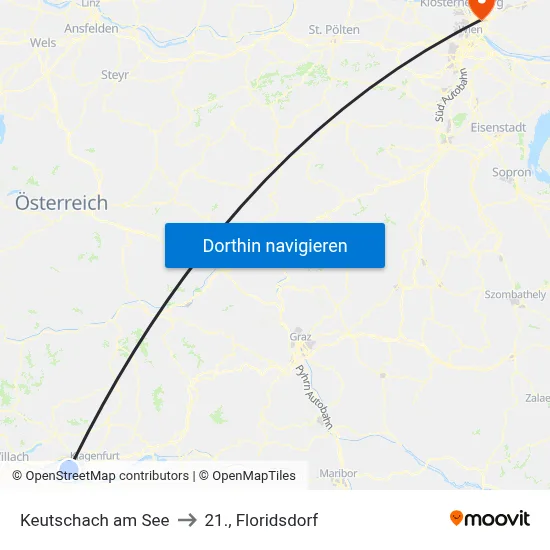 Keutschach am See to 21., Floridsdorf map