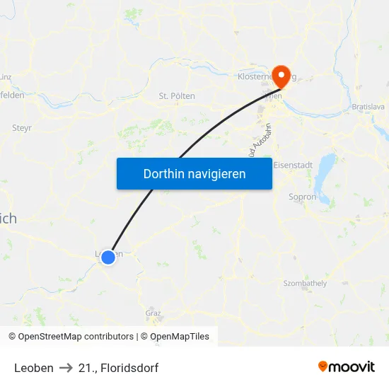 Leoben to 21., Floridsdorf map