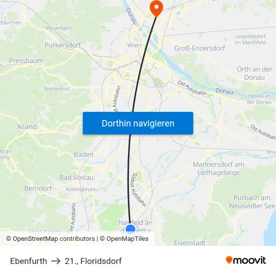 Ebenfurth to 21., Floridsdorf map