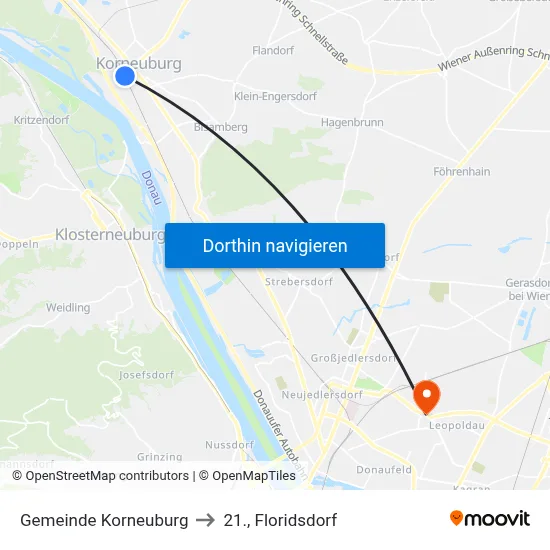 Gemeinde Korneuburg to 21., Floridsdorf map