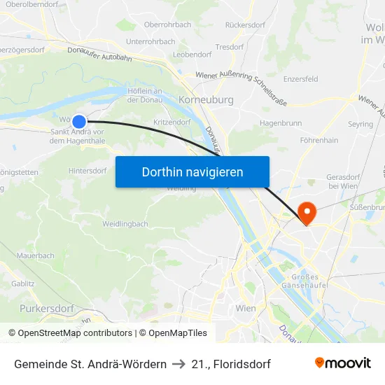 Gemeinde St. Andrä-Wördern to 21., Floridsdorf map