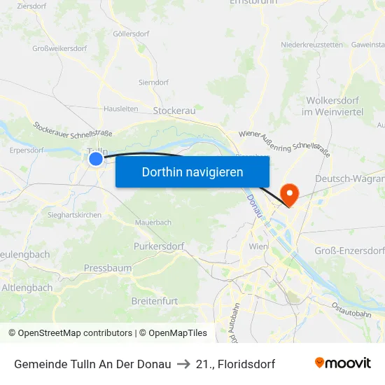 Gemeinde Tulln An Der Donau to 21., Floridsdorf map