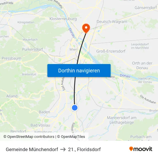 Gemeinde Münchendorf to 21., Floridsdorf map