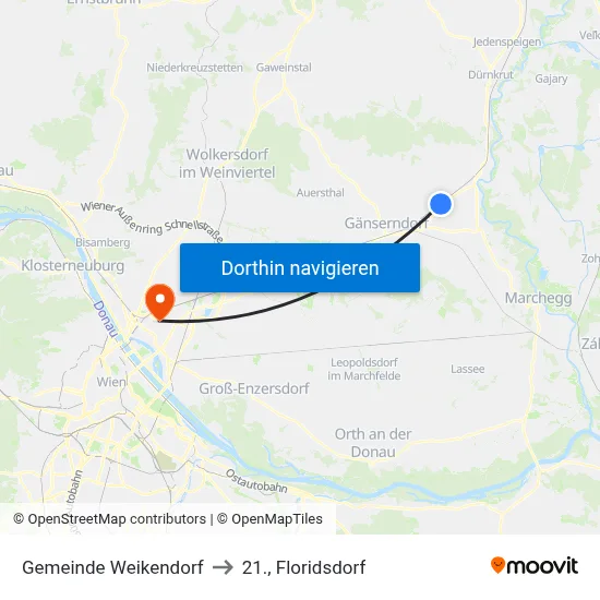 Gemeinde Weikendorf to 21., Floridsdorf map