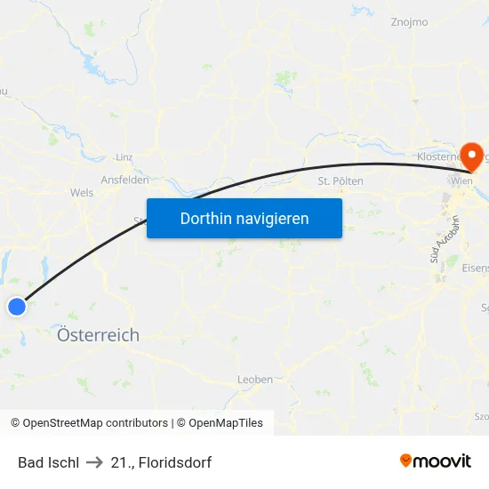 Bad Ischl to 21., Floridsdorf map