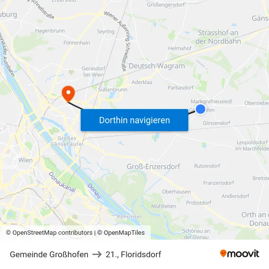 Gemeinde Großhofen to 21., Floridsdorf map