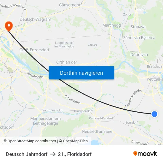 Deutsch Jahrndorf to 21., Floridsdorf map