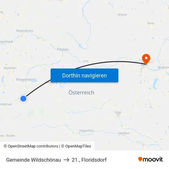 Gemeinde Wildschönau to 21., Floridsdorf map