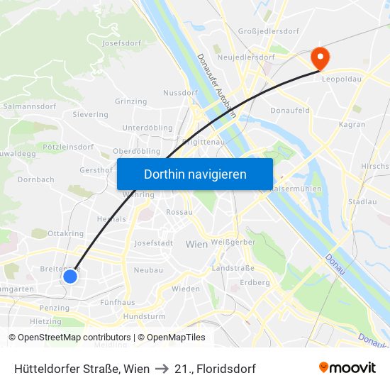 Hütteldorfer Straße, Wien to 21., Floridsdorf map