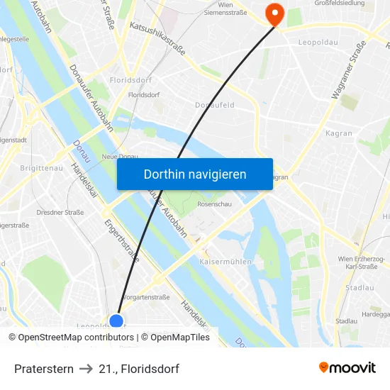Praterstern to 21., Floridsdorf map