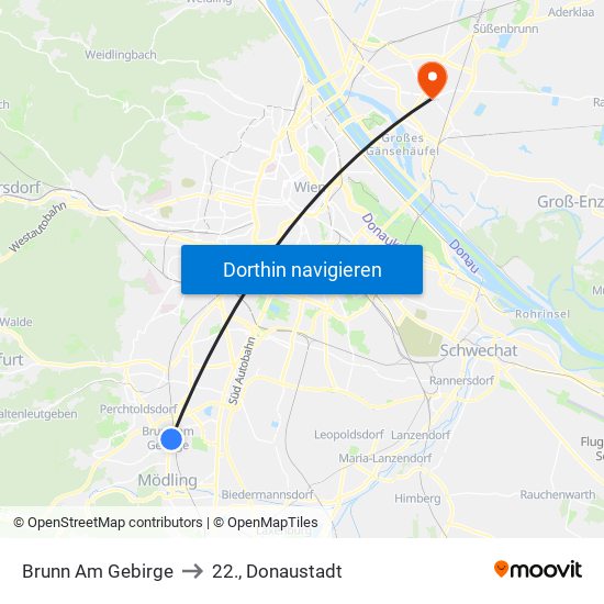 Brunn Am Gebirge to 22., Donaustadt map