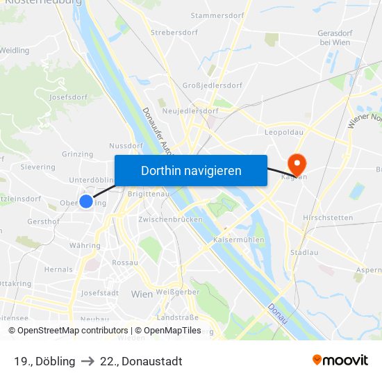 19., Döbling to 22., Donaustadt map