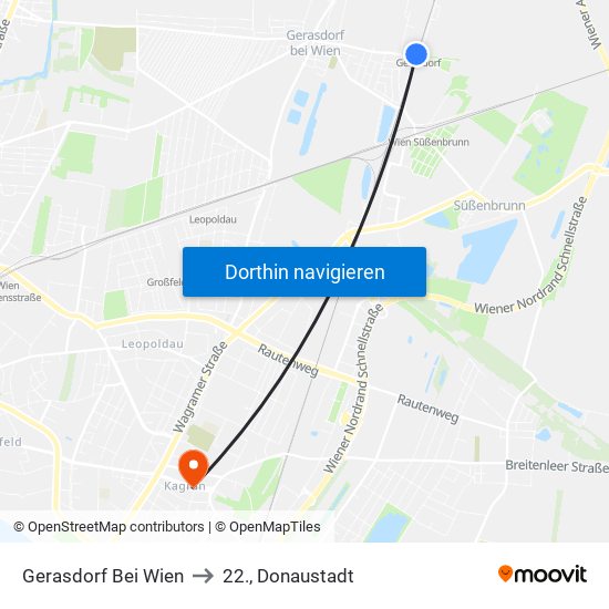 Gerasdorf Bei Wien to 22., Donaustadt map
