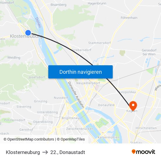 Klosterneuburg to 22., Donaustadt map