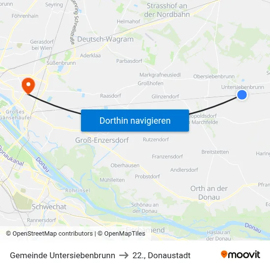 Gemeinde Untersiebenbrunn to 22., Donaustadt map