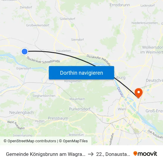Gemeinde Königsbrunn am Wagram to 22., Donaustadt map
