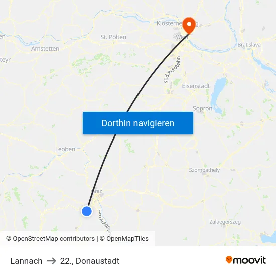 Lannach to 22., Donaustadt map