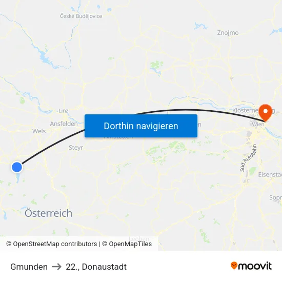 Gmunden to 22., Donaustadt map