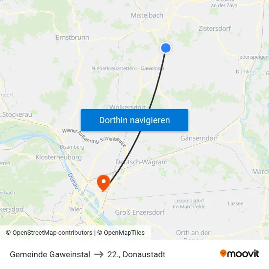 Gemeinde Gaweinstal to 22., Donaustadt map