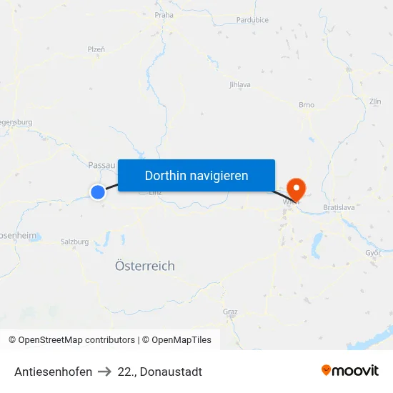 Antiesenhofen to 22., Donaustadt map