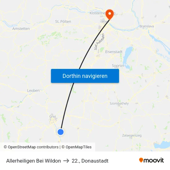 Allerheiligen Bei Wildon to 22., Donaustadt map
