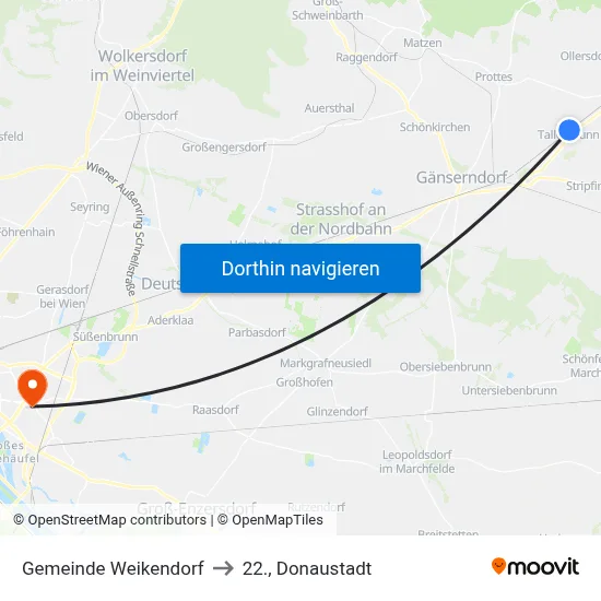 Gemeinde Weikendorf to 22., Donaustadt map