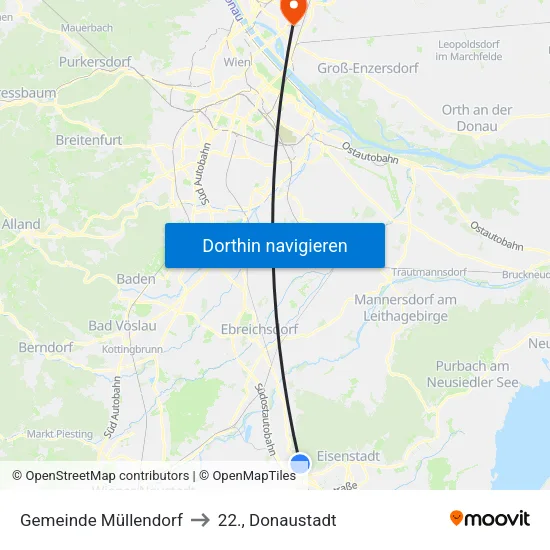 Gemeinde Müllendorf to 22., Donaustadt map