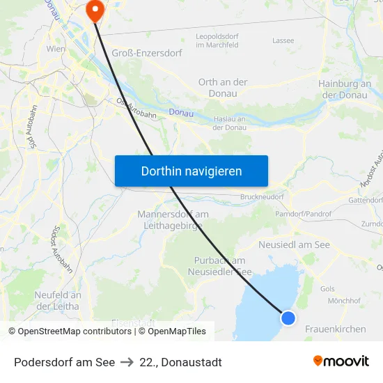 Podersdorf am See to 22., Donaustadt map
