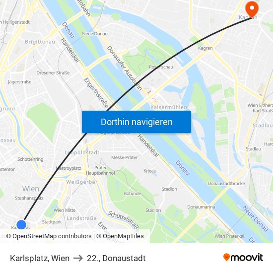 Karlsplatz, Wien to 22., Donaustadt map