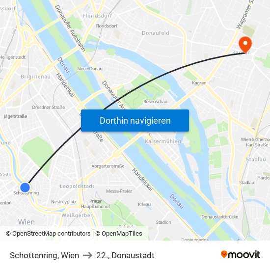 Schottenring, Wien to 22., Donaustadt map