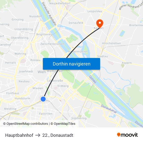 Hauptbahnhof to 22., Donaustadt map